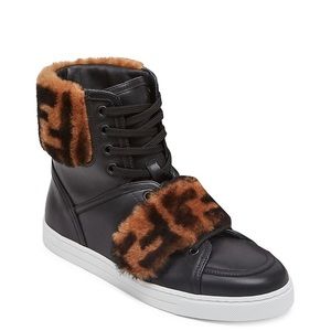 Fendi NIB sneakers High Top Boots Fur Shearling FF Logo Leather Black 38
